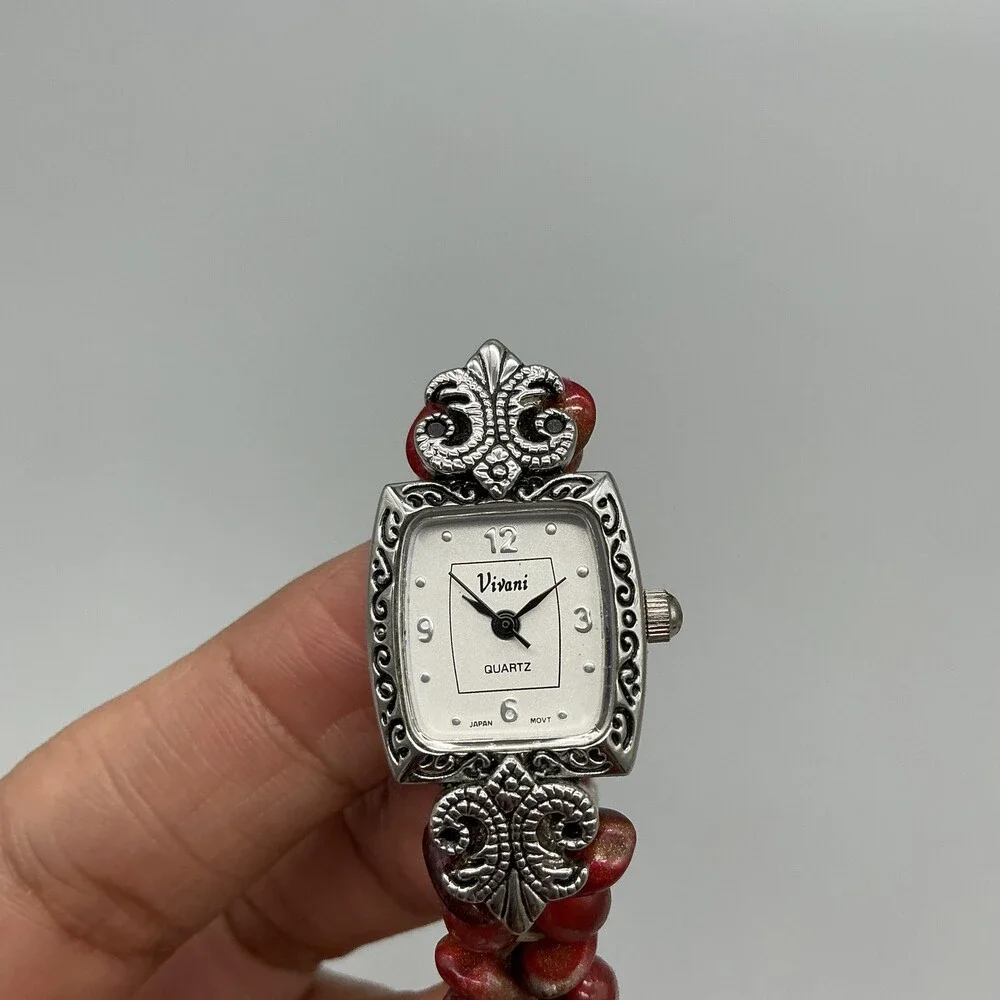 Vivani Womens Watch 18mm Silver Tone Red Beaded Stretch Band New Battery